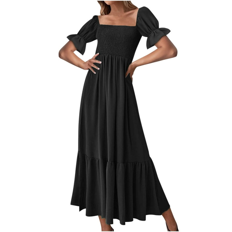Womens Square Neck High Waist A-line Dress Smocked Solid Color Mid Length  Dress Puff Sleeve Ruffle Hem Slim Short Dress
