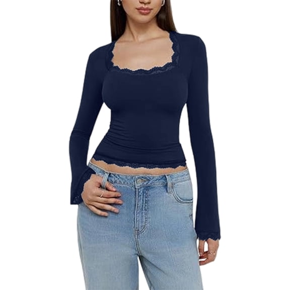 Womens Square Neck Lace Trim Tops Long Bell Sleeve Slim Fit Crop Blouse Y2k Solid Color Tunic Tee Shirt Spring Casual Fashion Tops