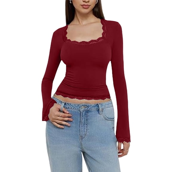 Womens Square Neck Lace Trim Tops Long Bell Sleeve Slim Fit Crop Blouse Y2k Solid Color Tunic Tee Shirt Spring Casual Fashion Tops