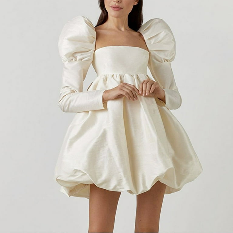 Womens Square Neck Long Puff Sleeve Empire Waist Satin A