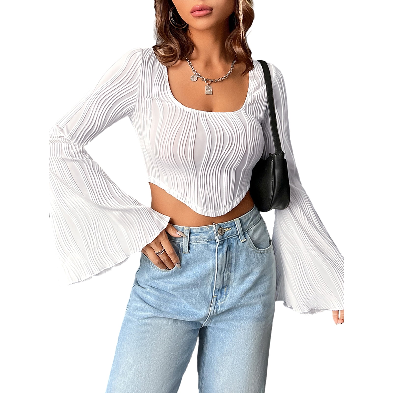 HTNBO Cute Crop Tops for Women Summer Fall Trends Lattern Long Sleeve  Floral Casual Cami Shirts 