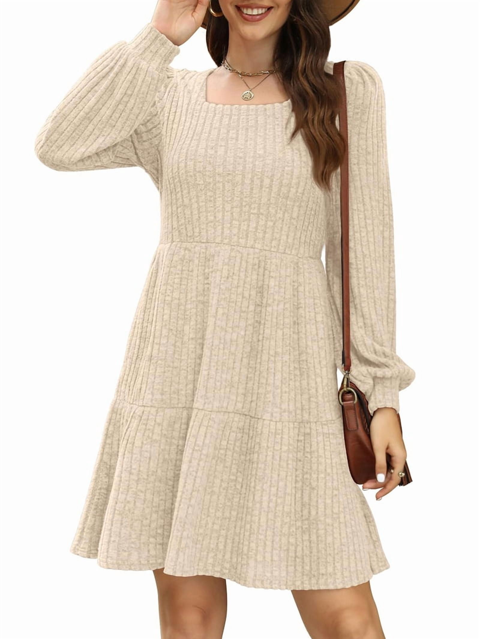 Womens Square Neck Long Sleeve Fall Dresses Casual Babydoll Sweater Dress S