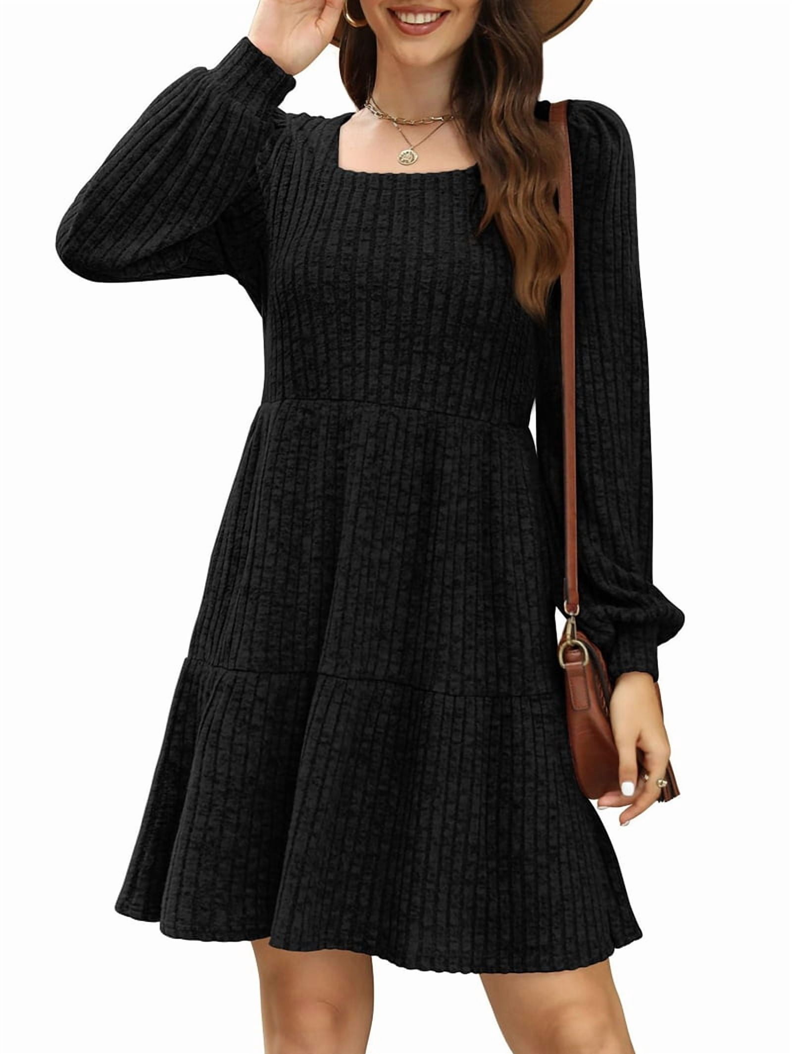 Womens Square Neck Long Sleeve Fall Dresses Casual Babydoll Sweater Dress Black L