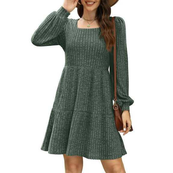 Womens Square Neck Long Sleeve Fall Dresses Casual Babydoll Sweater Dress Green L