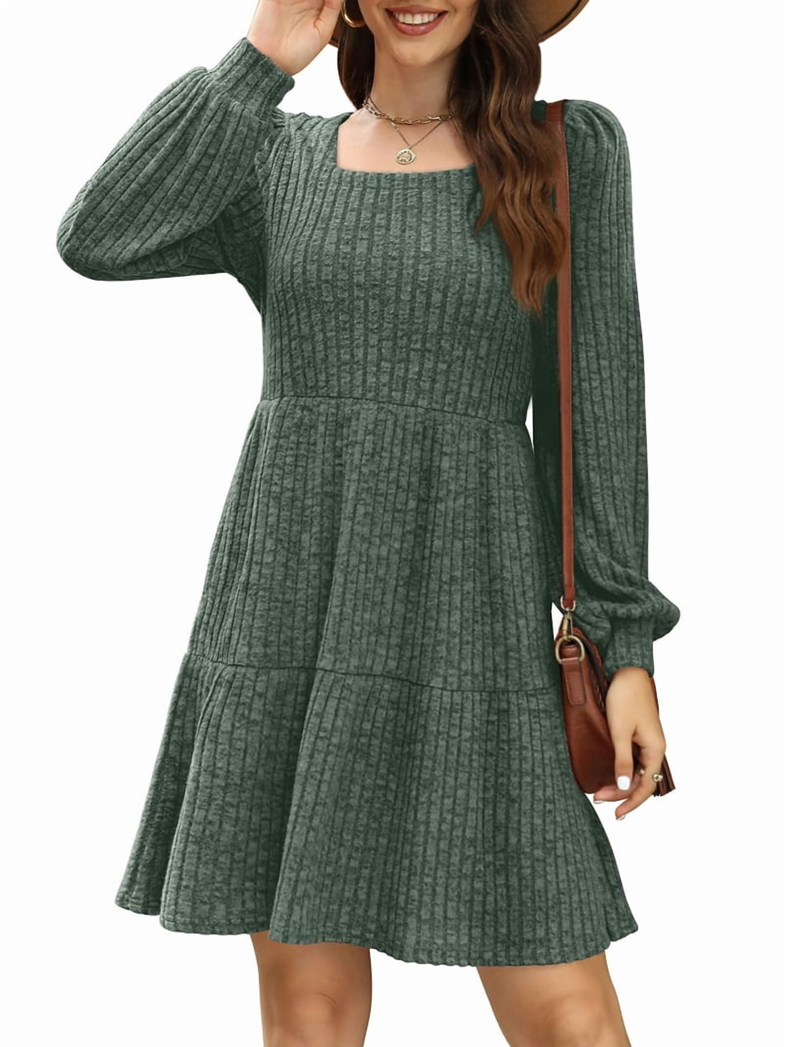 Womens Square Neck Long Sleeve Fall Dresses Casual Babydoll Sweater Dress Green L