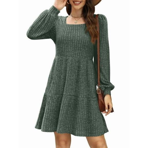 Womens Square Neck Long Sleeve Fall Dresses Casual Babydoll Sweater Dress Green M