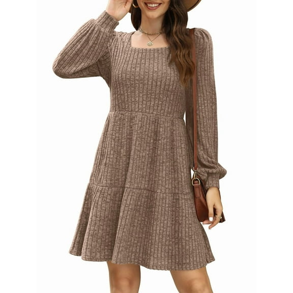 Womens Square Neck Long Sleeve Fall Dresses Casual Babydoll Sweater Dress Khaki L