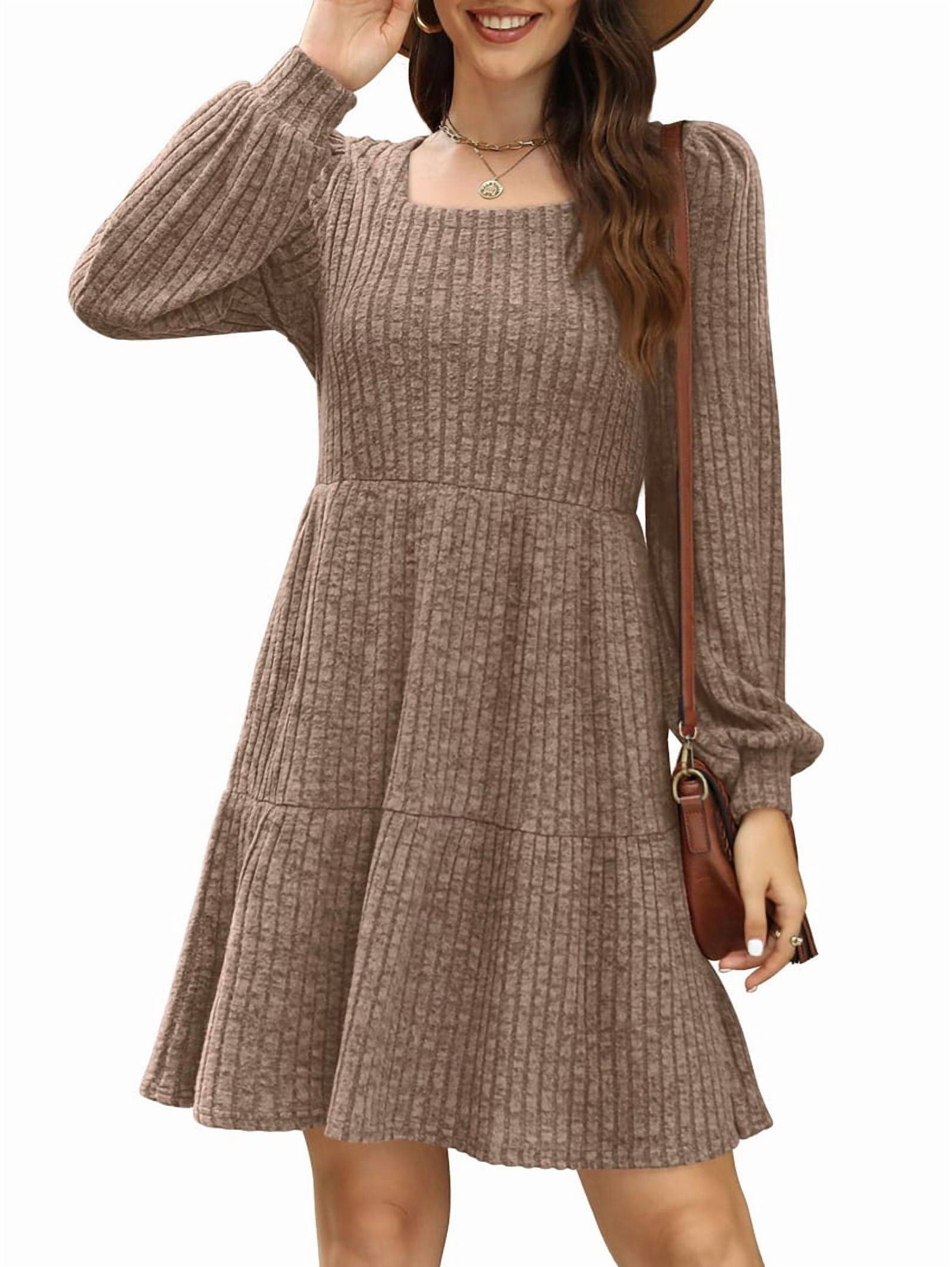 Womens Square Neck Long Sleeve Fall Dresses Casual Babydoll Sweater Dress Khaki XXL