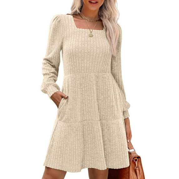 Womens Square Neck Long Sleeve Fall Dresses Casual Babydoll Sweater Dress