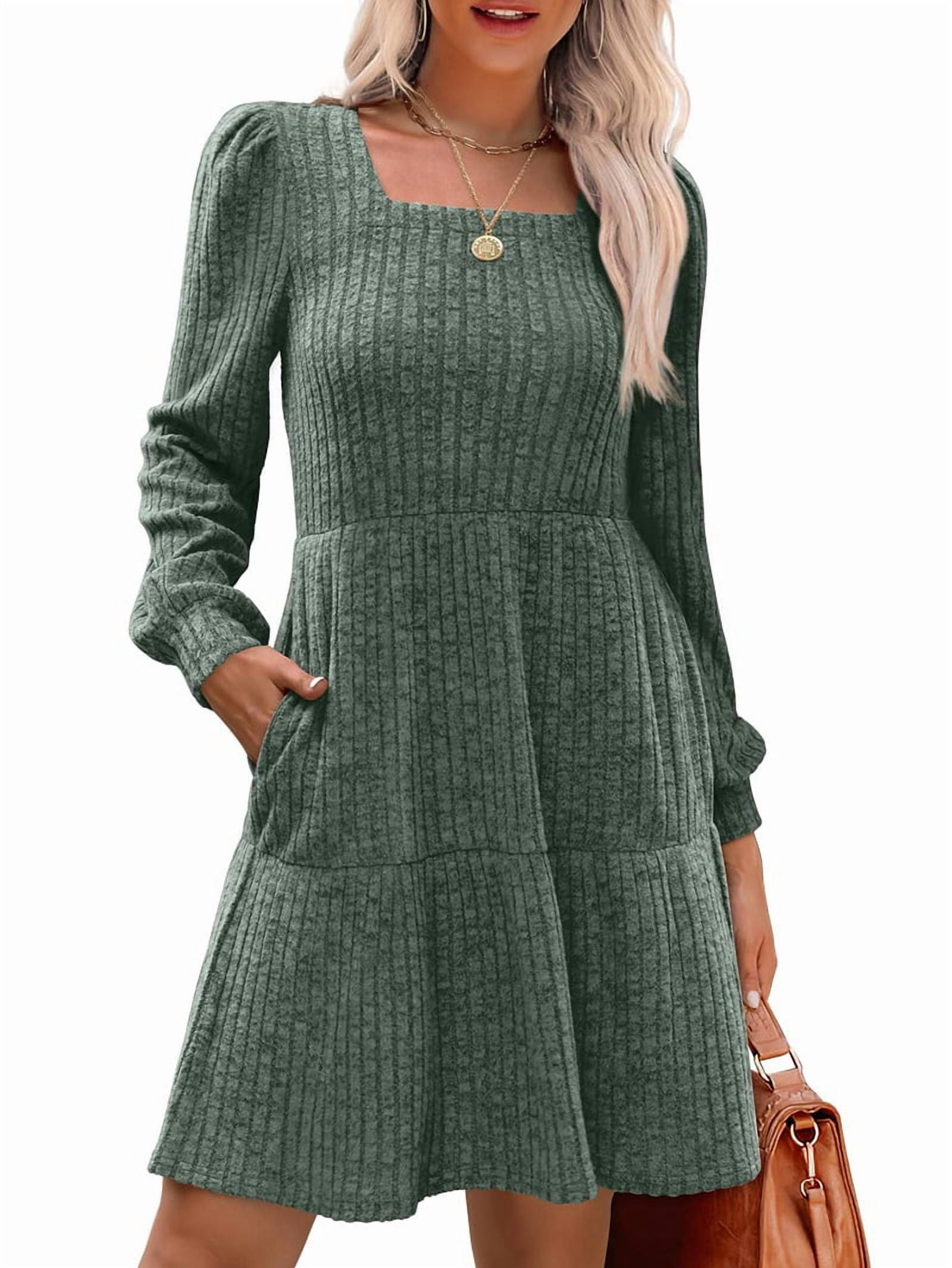 Womens Square Neck Long Sleeve Fall Dresses Casual Babydoll Sweater Dress