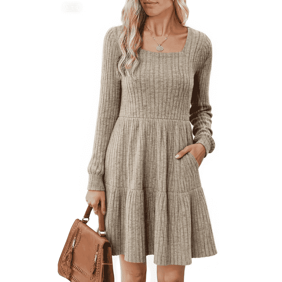 SOMER Womens Dresses Sweater Dress Khaki Long Sleeve Dress for Women Square Neck Knit Babydoll Dress with Pockets Winter Fall 2025