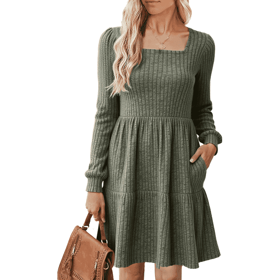 SOMER Womens Dresses Sweater Dress Long Sleeve Dress for Women Square Neck Green Knit Babydoll Dress with Pockets Winter Fall 2025