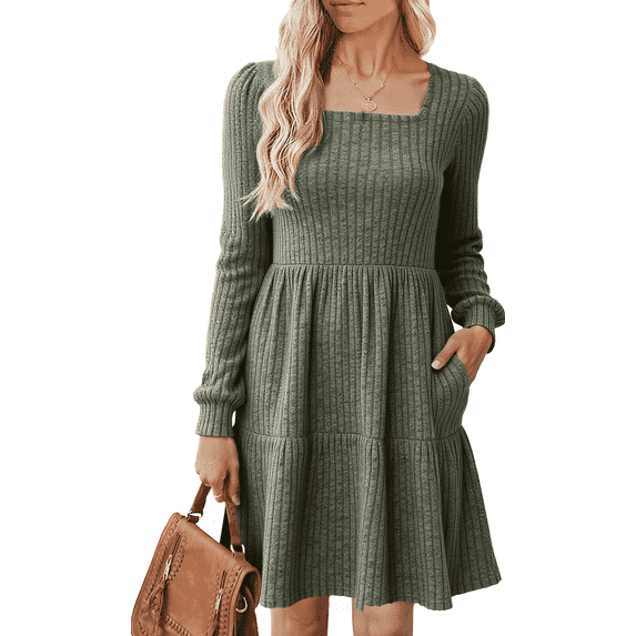 SOMER Womens Dresses Sweater Dress Long Sleeve Dress for Women Square Neck Green Knit Babydoll Dress with Pockets Winter Fall 2025