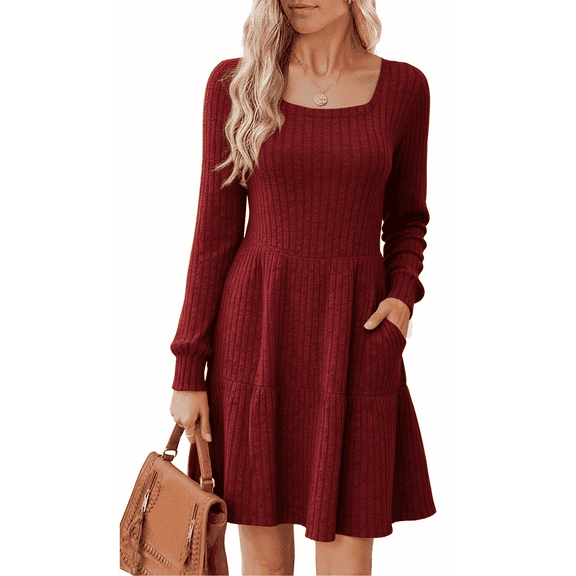SOMER Womens Dresses Sweater Dress Long Sleeve Dress for Women Square Neck Knit Babydoll Dress with Pockets Winter Fall 2025 Burgundy