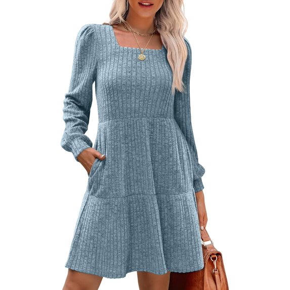 Womens Square Neck Long Sleeve Fall Dresses Casual Babydoll Sweater Dress