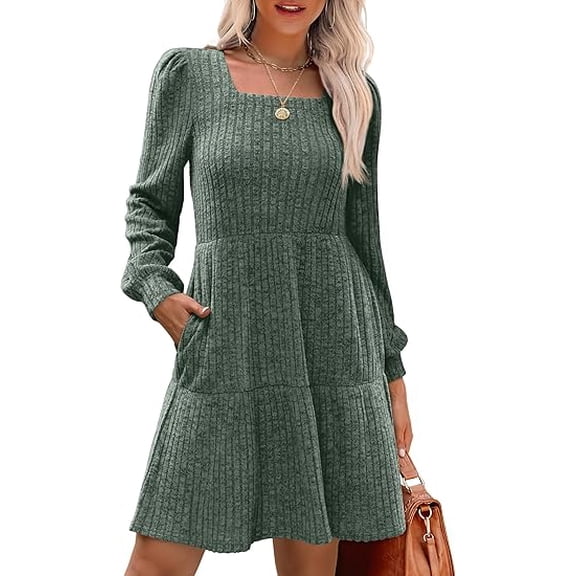Womens Square Neck Long Sleeve Spring Dresses Casual Babydoll Sweater Dress
