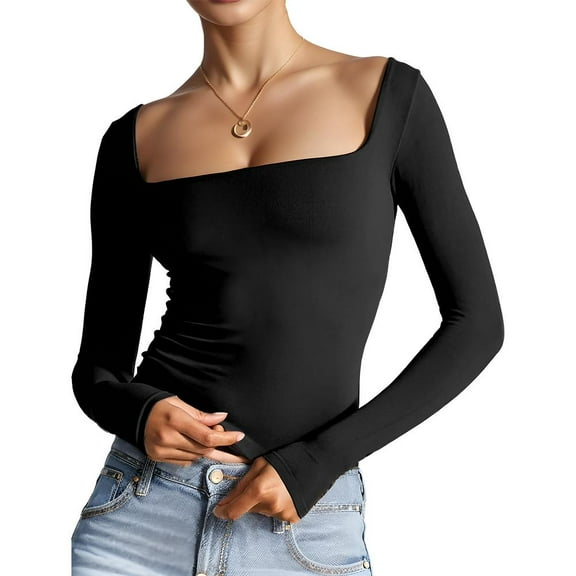 Womens Square Neck Long Sleeve T Shirt Slim Fit Basic Tees Y2k Fitted Tops Sexy Tight Shirts