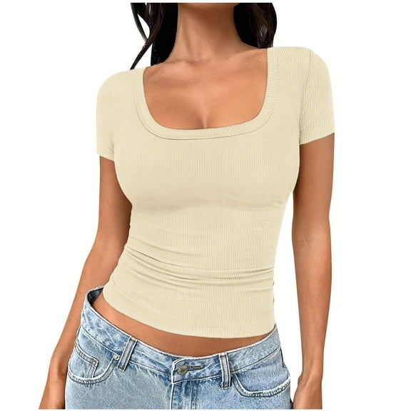 Womens Square Neck Ribbed Basic Going Out Crop Tops Cap Sleeve T Shirts Summer Clothes 2025