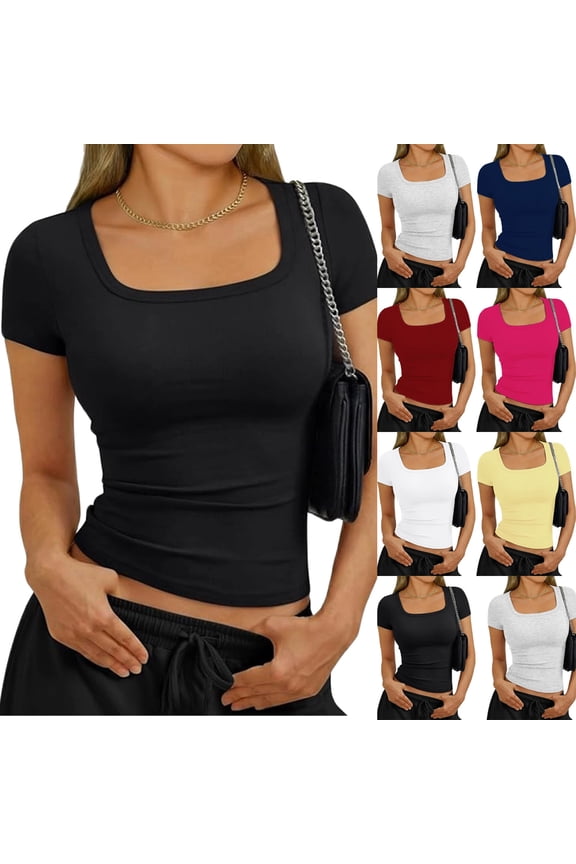Womens Square Neck Short Sleeve Shirts Slim Fit Cap Sleeve Tops Summer Basic Low Cut Tee Fashion Black M