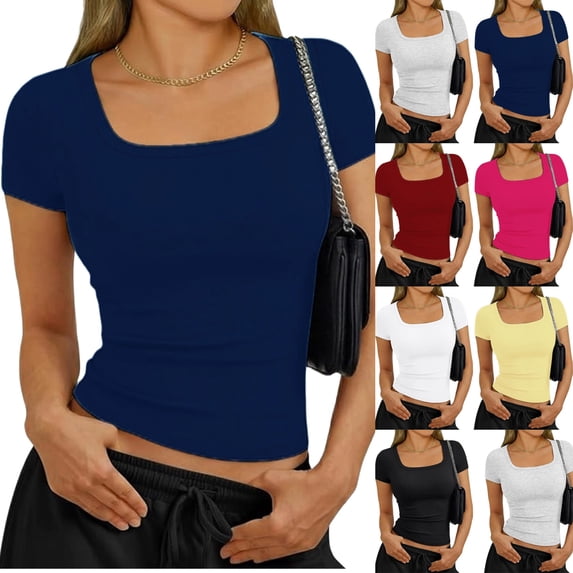Womens Square Neck Short Sleeve Shirts Slim Fit Cap Sleeve Tops Summer Basic Low Cut Tee Fashion Navy M