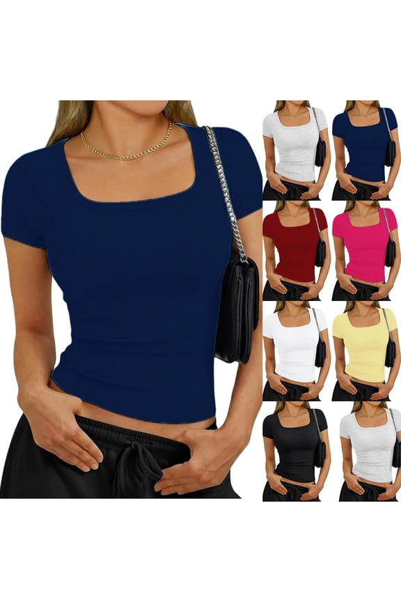 Womens Square Neck Short Sleeve Shirts Slim Fit Cap Sleeve Tops Summer Basic Low Cut Tee Fashion Navy XL