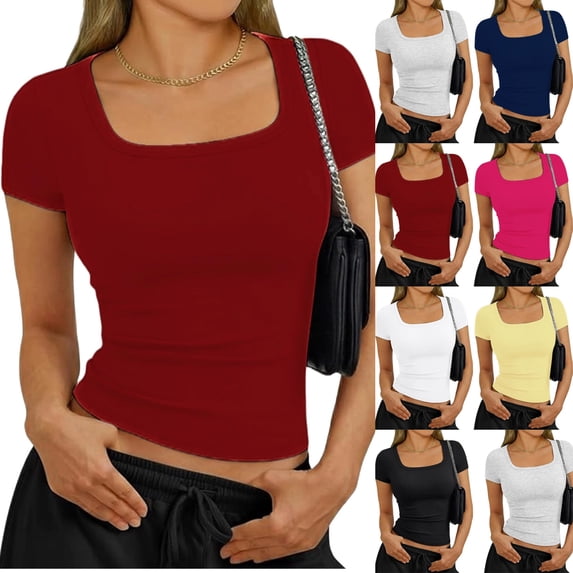 Womens Square Neck Short Sleeve Shirts Slim Fit Cap Sleeve Tops Summer Basic Low Cut Tee Fashion Wine XXL
