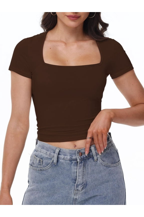 Womens Square Neck Short Sleeve T Shirts Double Lined Basic Causal Slim Fit Tops