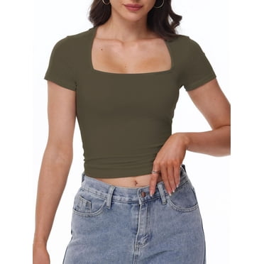 Womens Square Neck Short Sleeve T Shirts Double Lined Basic Causal Slim Fit Tops