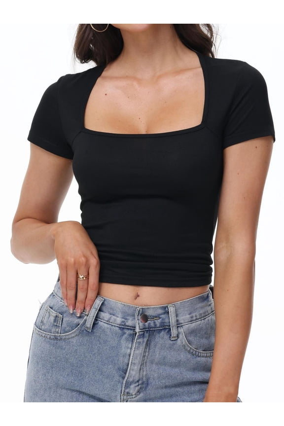 Womens Square Neck Short Sleeve T Shirts Double Lined Basic Causal Slim Fit Tops