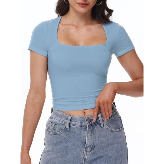 Womens Square Neck Short Sleeve T Shirts Double Lined Basic Causal Slim Fit Tops
