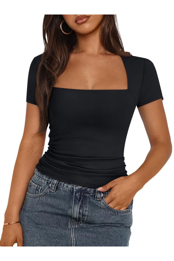 Womens Square Neck Short SleeveTops Spring Summer Slim Fit Tees Shirts