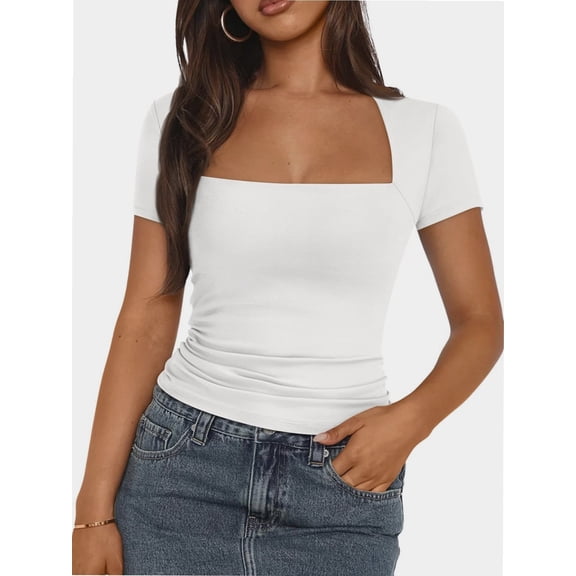 Womens Square Neck Short SleeveTops Spring Summer Slim Fit Tees Shirts