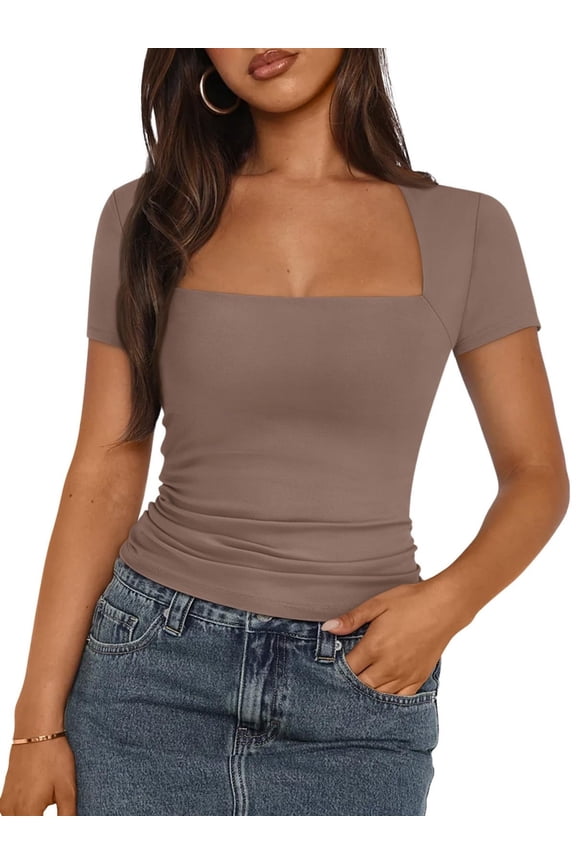 Womens Square Neck Short SleeveTops Spring Summer Slim Fit Tees Shirts