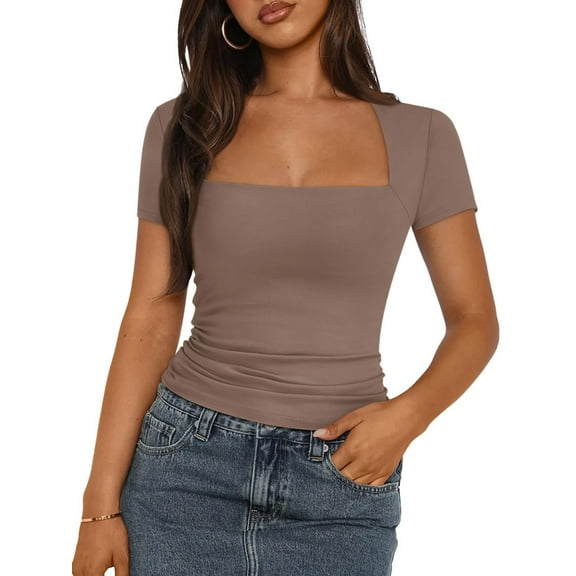 Womens Square Neck Short SleeveTops Spring Summer Slim Fit Tees Shirts