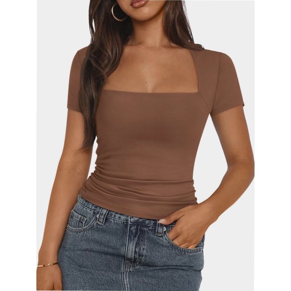 Womens Square Neck Short SleeveTops Spring Summer Slim Fit Tees Shirts