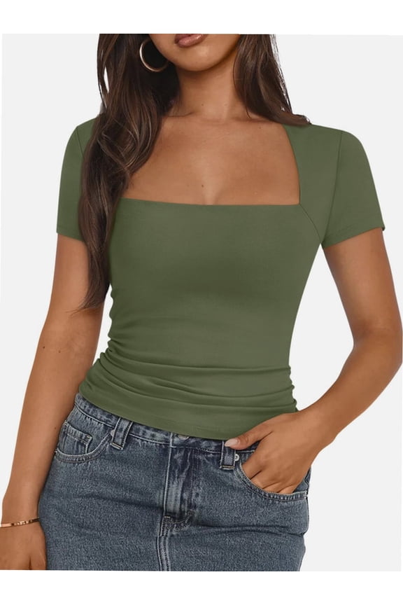 Womens Square Neck Short SleeveTops Spring Summer Slim Fit Tees Shirts