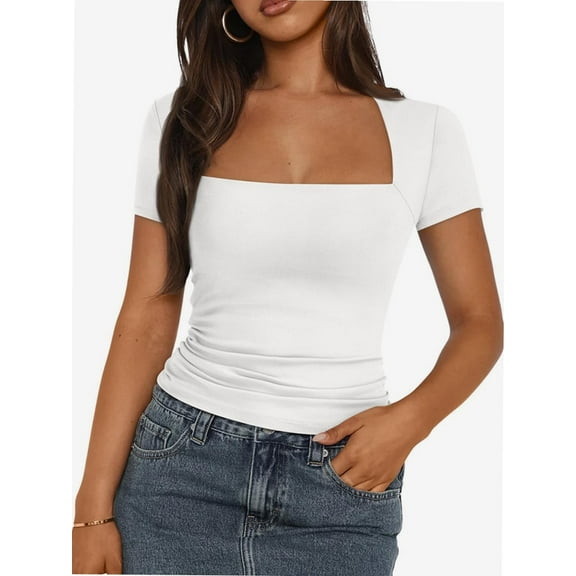 Womens Square Neck Short SleeveTops Spring Summer Slim Fit Tees Shirts