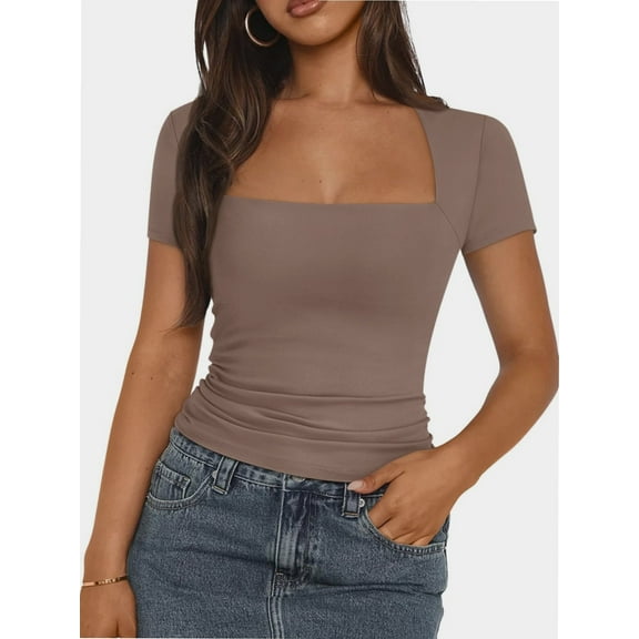Womens Square Neck Short SleeveTops Spring Summer Slim Fit Tees Shirts