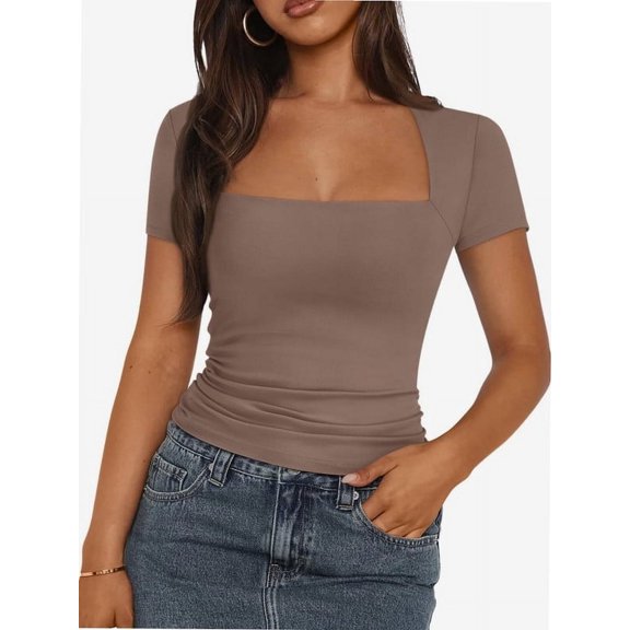 Womens Square Neck Short SleeveTops Spring Summer Slim Fit Tees Shirts