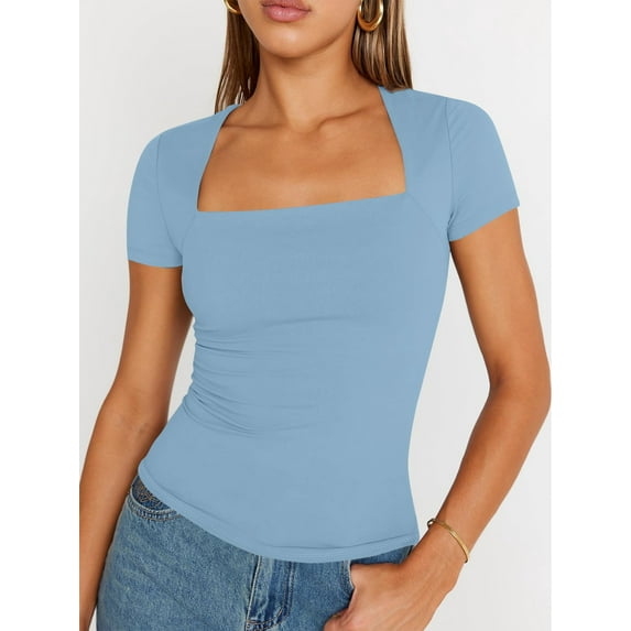 Womens Square Neck Short SleeveTops Spring Summer Slim Fit Tees Shirts