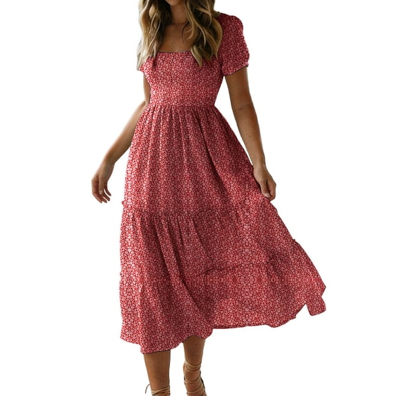 Womens Square Neck Smocked Dress Summer Puff Short Sleeve Floral Casual Ruffle Tiered Maxi Wedding Guest Dresses