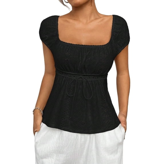 Womens Square Neck Solid Color Textured Pleat T-Shirt Summer Blouse For Women