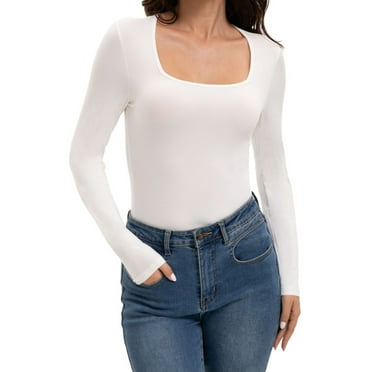 Womens Square Neck T Shirts Causal Basic Long Sleeve Tops Fitted Tees