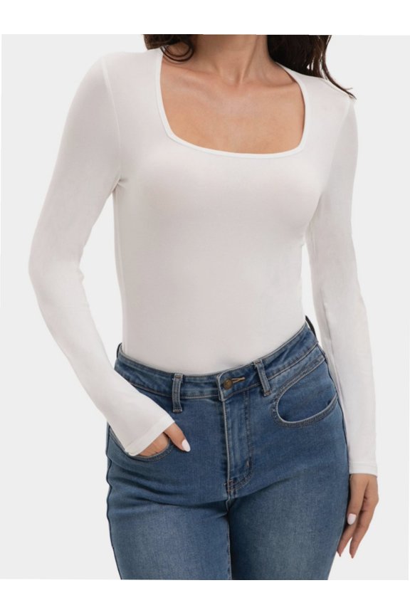 Womens Square Neck T Shirts Long Sleeve Tops Fitted Tees