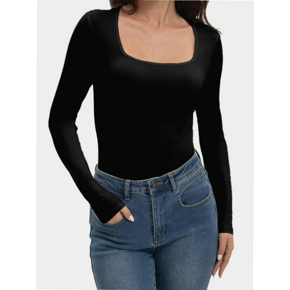 Womens Square Neck T Shirts Long Sleeve Tops Fitted Tees