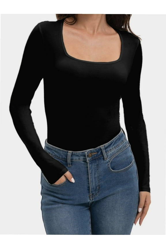 Womens Square Neck T Shirts Long Sleeve Tops Fitted Tees