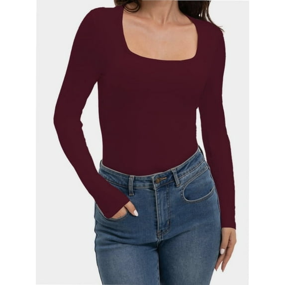 Womens Square Neck T Shirts Long Sleeve Tops Fitted Tees