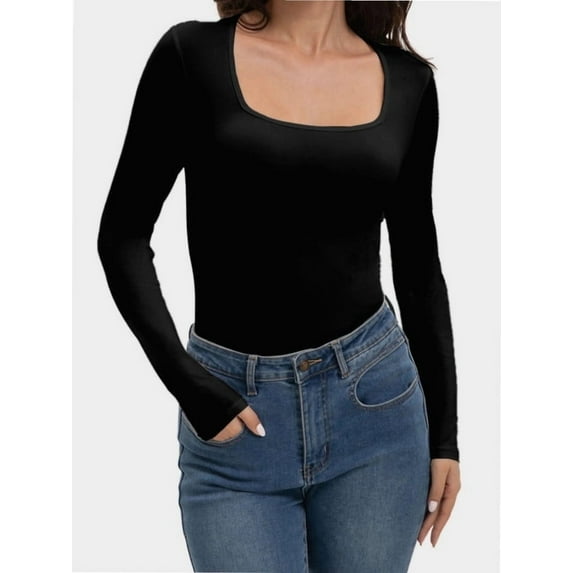 Womens Square Neck T Shirts Long Sleeve Tops Fitted Tees