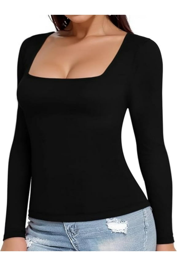 Womens Square Neck T Shirts Long Sleeve Tops Fitted Tees