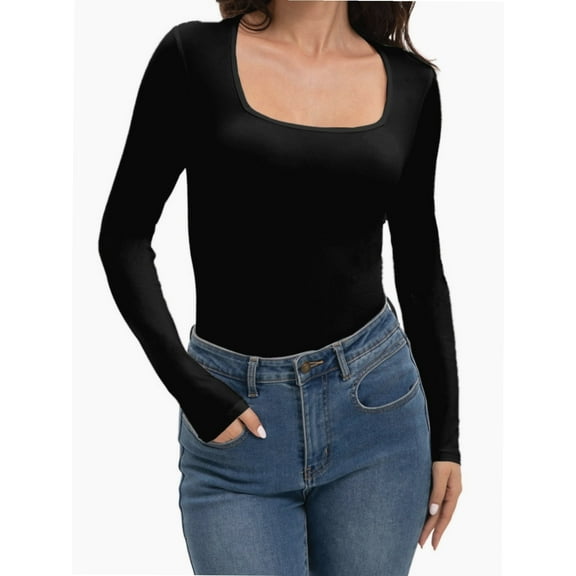 Womens Square Neck T Shirts Long Sleeve Tops Fitted Tees